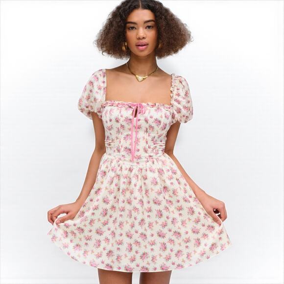 For Love & Lemons Etienne Pink Floral Coquette Puff Sleeve Mini Dress NWT Small - Picture 1 of 15